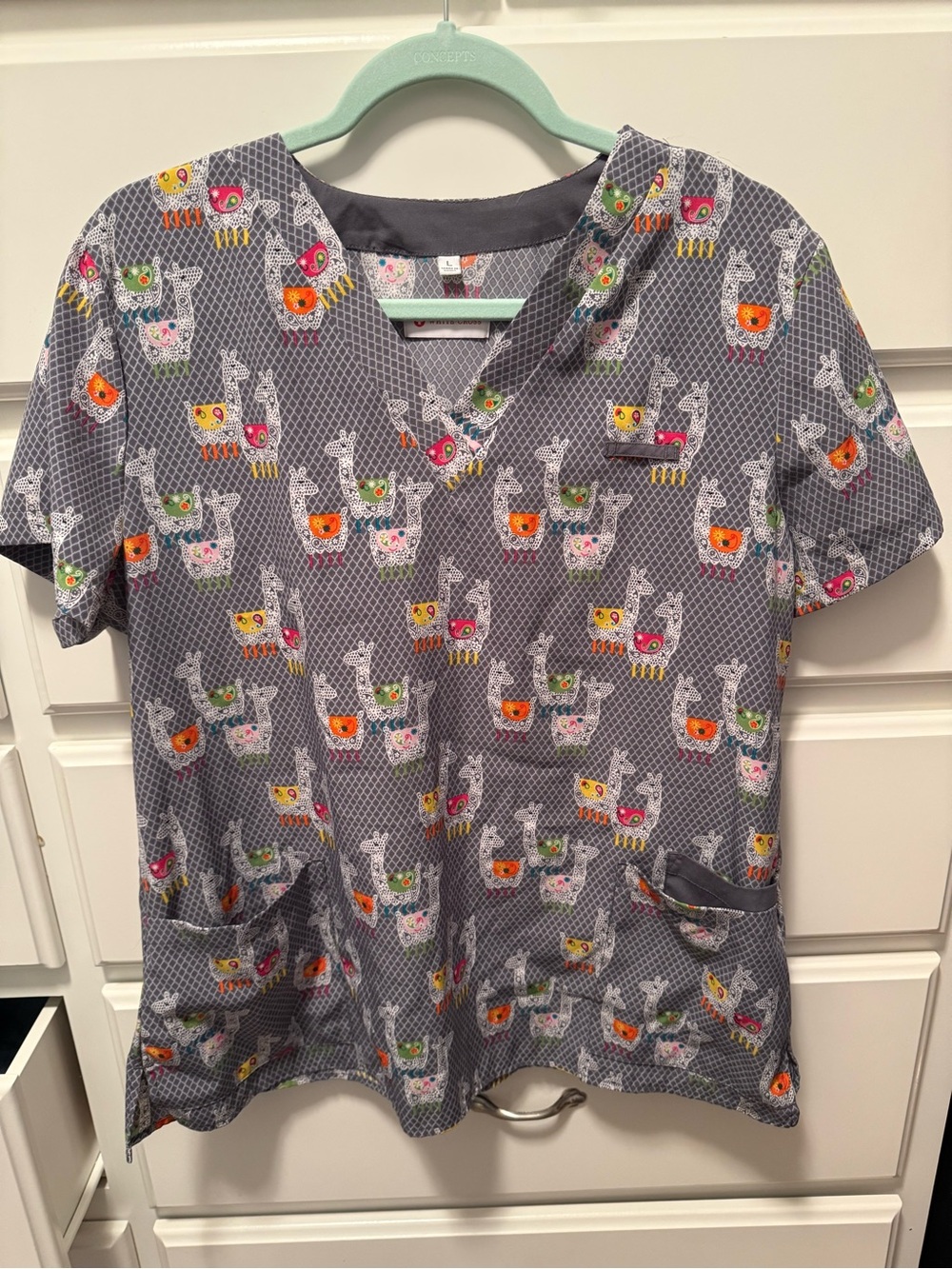 White Cross Gray Scrub Top with Colorful Llama Motifs
